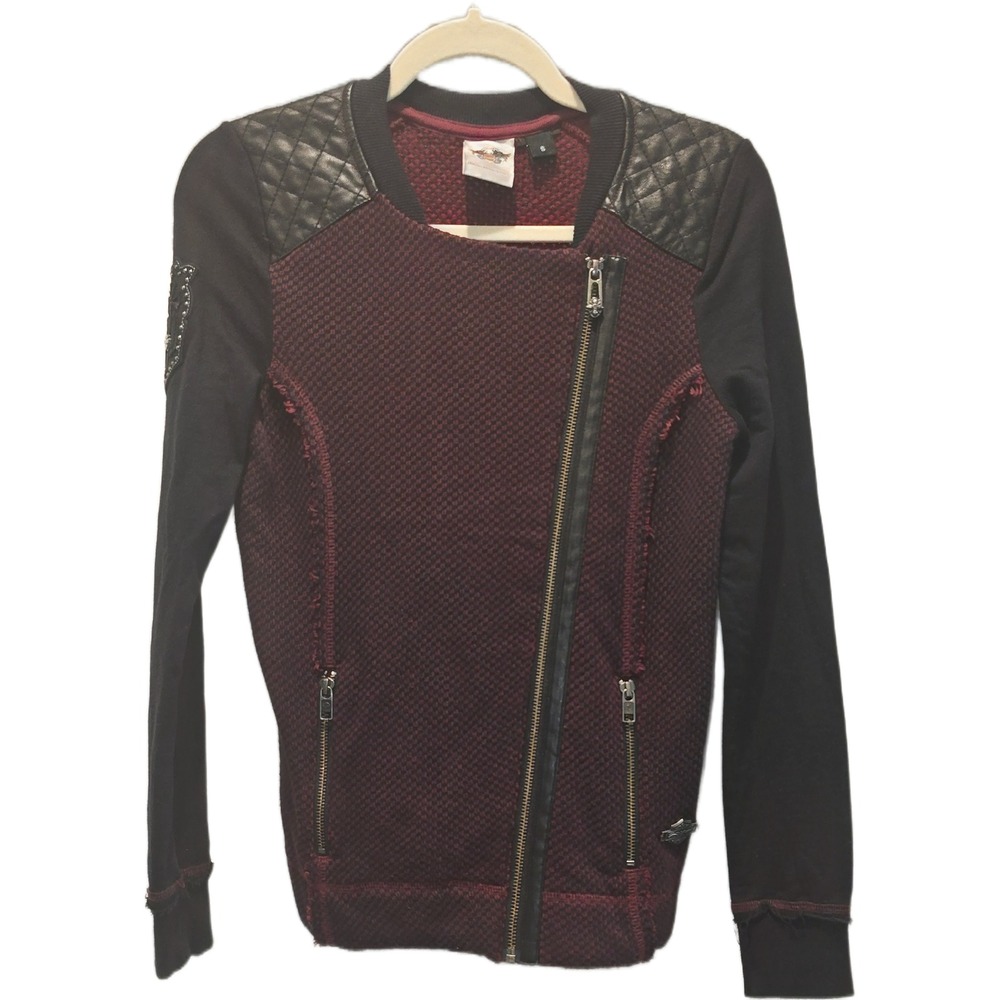 Harley Davidson Womens Waffle Knit Asymmetrical Zip Moto Jacket Burgundy Black S